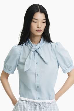 H&M - Women Blue Puff-Sleeved Scarf-Collar Blouse