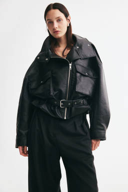 H&M - Women Black Belt-Detail Biker Jacket