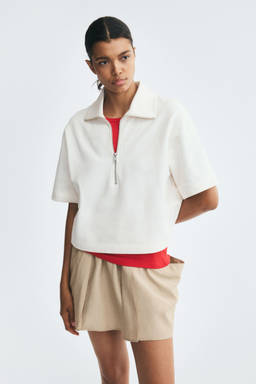 H&M - Women White Cotton Zip-Top Polo T-Shirt