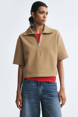 H&M - Women Beige Cotton Zip-Top Polo T-Shirt
