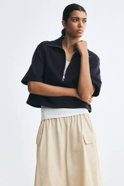 H&M - Women Navy Blue Cotton Zip-Top Polo T-Shirt
