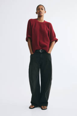 H&M - Women Red Oversized Rib-Knit T-Shirt