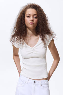 H&M - Women White Ribbed V-Neck Top