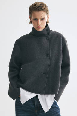 H&M - Women Charcoal Felted Funnel-Collar Jacket
