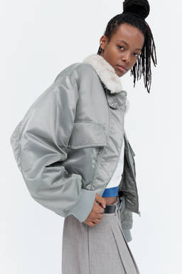 H&M - Women Grey Oversized Fluffy-Collared Bomber Jacket