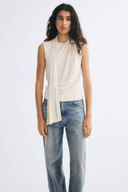 H&M - Women Beige Scarf-Collar Jersey Top