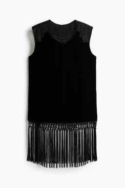 H&M - Women Black Fringed Lace-Detail Velvet Top