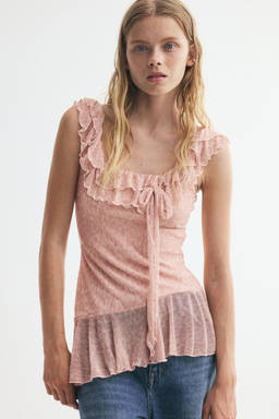 H&M - Women Pink Frill-Trimmed Mesh Top