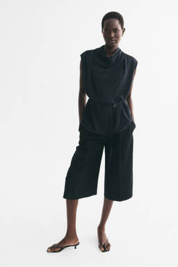 H&M - Women Blue Belted Cowl-Neck Top