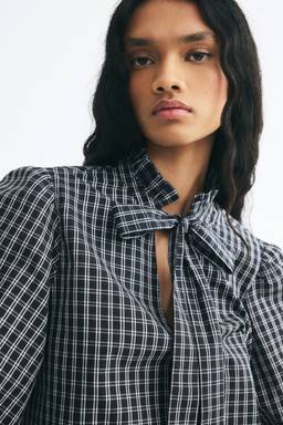 H&M - Women Blue Bow-Collar Cotton Blouse
