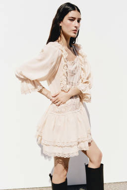 H&M - Women Beige Lace-Trimmed Ruffled Dress
