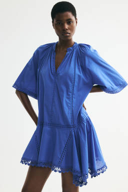 H&M - Women Blue Lace-Inset Cotton Dress