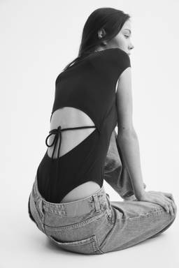 H&M - Women Black Cut-Out Tie-Detail Bodysuit