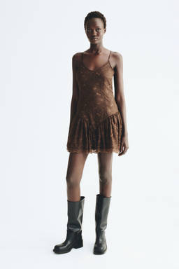 H&M - Women Brown Flared-Skirt Lace Dress