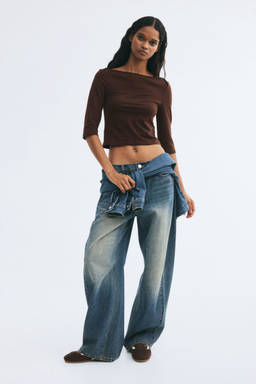 H&M - Women Brown Boat-Neck Cotton Top