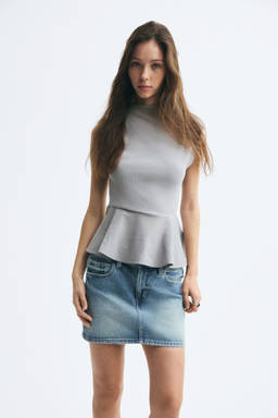 H&M - Women Grey Dual-Fabric Peplum Top