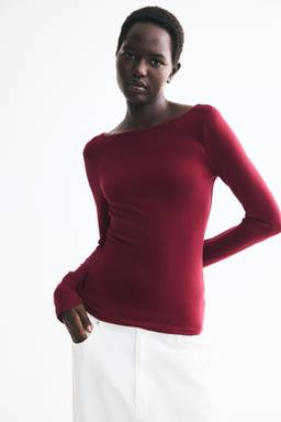 H&M - Women Red Long-Sleeved Fine-Knit Top