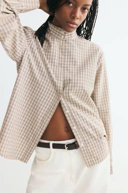 H&M - Women Beige Frill-Trimmed Stand-Collar Shirt