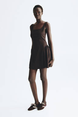 H&M - Women Brown Square-Neck Flared-Skirt Dress