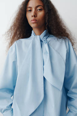 H&M - Women Blue Bow-Collar Cotton Poplin Shirt