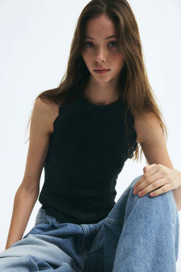 H&M - Women Black Lace-Trimmed Halter Neck Top