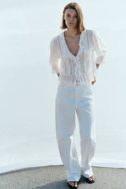H&M - Women White Lace-Trimmed Blouse