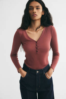 H&M - Women Red Long-Sleeved Rib-Knit Top