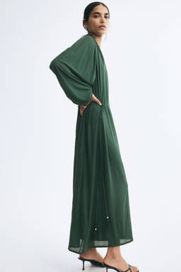 H&M - Women Green Balloon-Sleeved Tie-Belt Dress
