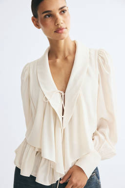 H&M - Women Beige Shawl-Collared Peplum Blouse