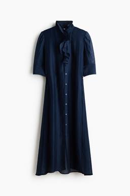 H&M - Women Blue Flounced Linen-Blend Dress