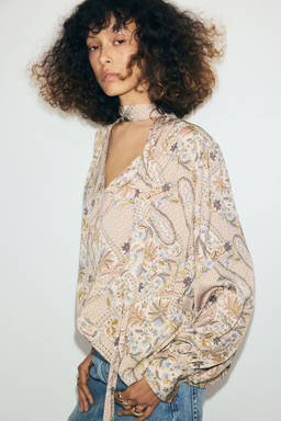 H&M - Women Beige Oversized Scarf-Collar Blouse