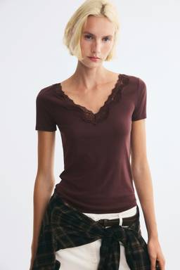H&M - Women Brown Short-Sleeved Lace-Trimmed Top