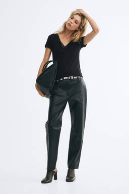 H&M - Women Black Short-Sleeved Lace-Trimmed Top