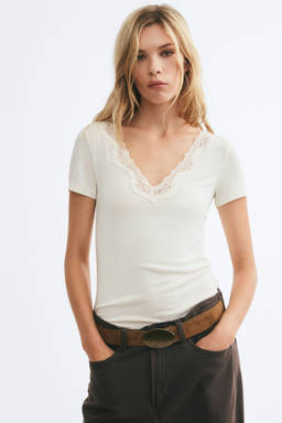 H&M - Women White Short-Sleeved Lace-Trimmed Top