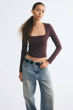 H&M - Women Burgundy Square-Neck Ponte Di Roma Crop Top