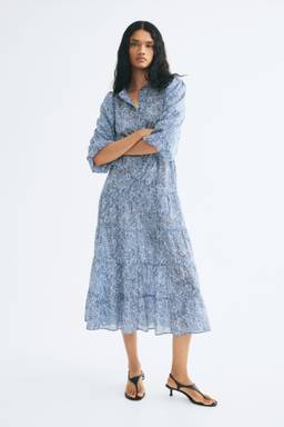 H&M - Women Blue Puff-Sleeved Viscose Dress