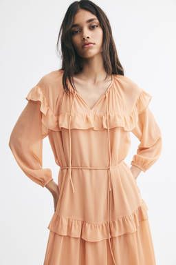 H&M - Women Peach Frill-Trimmed Tie-Detail Dress