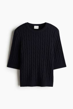 H&M - Women Navy Blue Short-Sleeved Cable-Knit Top