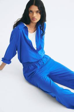 H&M - Women Blue Linen-Blend Drawstring Pant