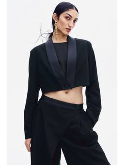 H&M - Women Black Cropped Satin-Lapel Blazer