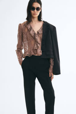 H&M - Women Brown Frill-Trimmed Lace Top
