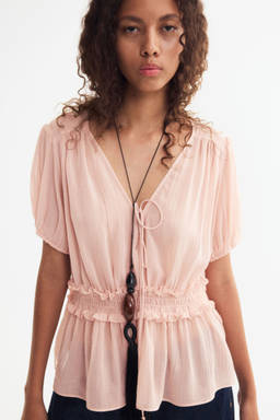 H&M - Women Pink Puff-Sleeved Peplum Blouse