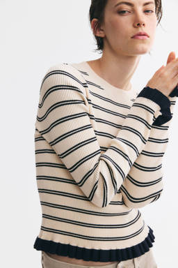 H&M - Women Beige Frill-Trimmed Rib-Knit Top