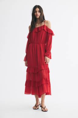 H&M - Women Red Frill-Trimmed Off-The-Shoulder Dress