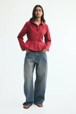 H&M - Women Red Cotton Poplin Peplum Shirt