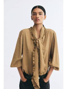 H&M - Women Mustard Textured-Weave Scarf-Collar Blouse