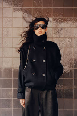 H&M - Women Blue Double-Breasted Funnel-Collar Jacket
