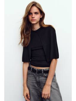 H&M - Women Black Cape-Detail Rib-Knit Top
