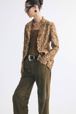 H&M - Women Brown Single-Breasted Jacquard-Weave Blazer