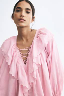 H&M - Women Pink Frill-trimmed cotton blouse